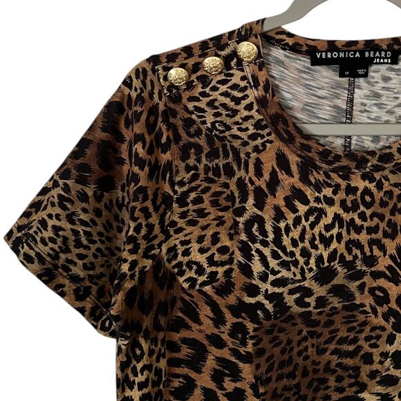 Veronica Beard Carla Leopard Print Crewneck Tee With Button Detail Pima Cotton M - Picture 5 of 10